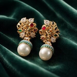 Elegant Gold plated multi stone, Pearl Earrings